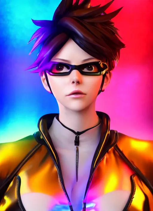 Image similar to portrait bust digital artwork of tracer overwatch, wearing iridescent rainbow latex and leather straps catsuit outfit, neon makeup, in style of mark arian, angel wings, wearing detailed leather collar, chains, black leather harness, detailed face and eyes,