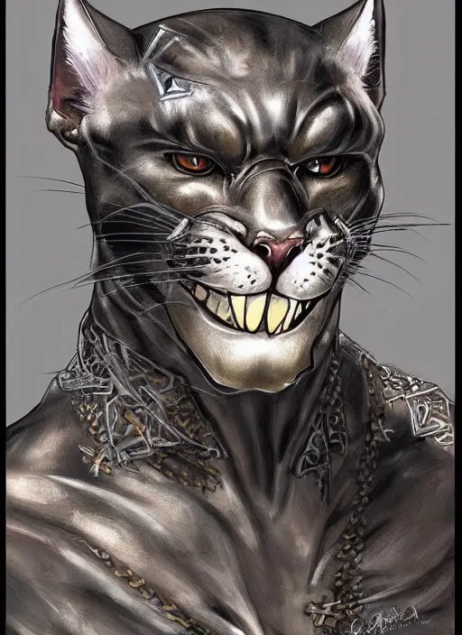 Prompt: panther warrior portrait, anthropomorphic, yoshitaka amano style, furry art