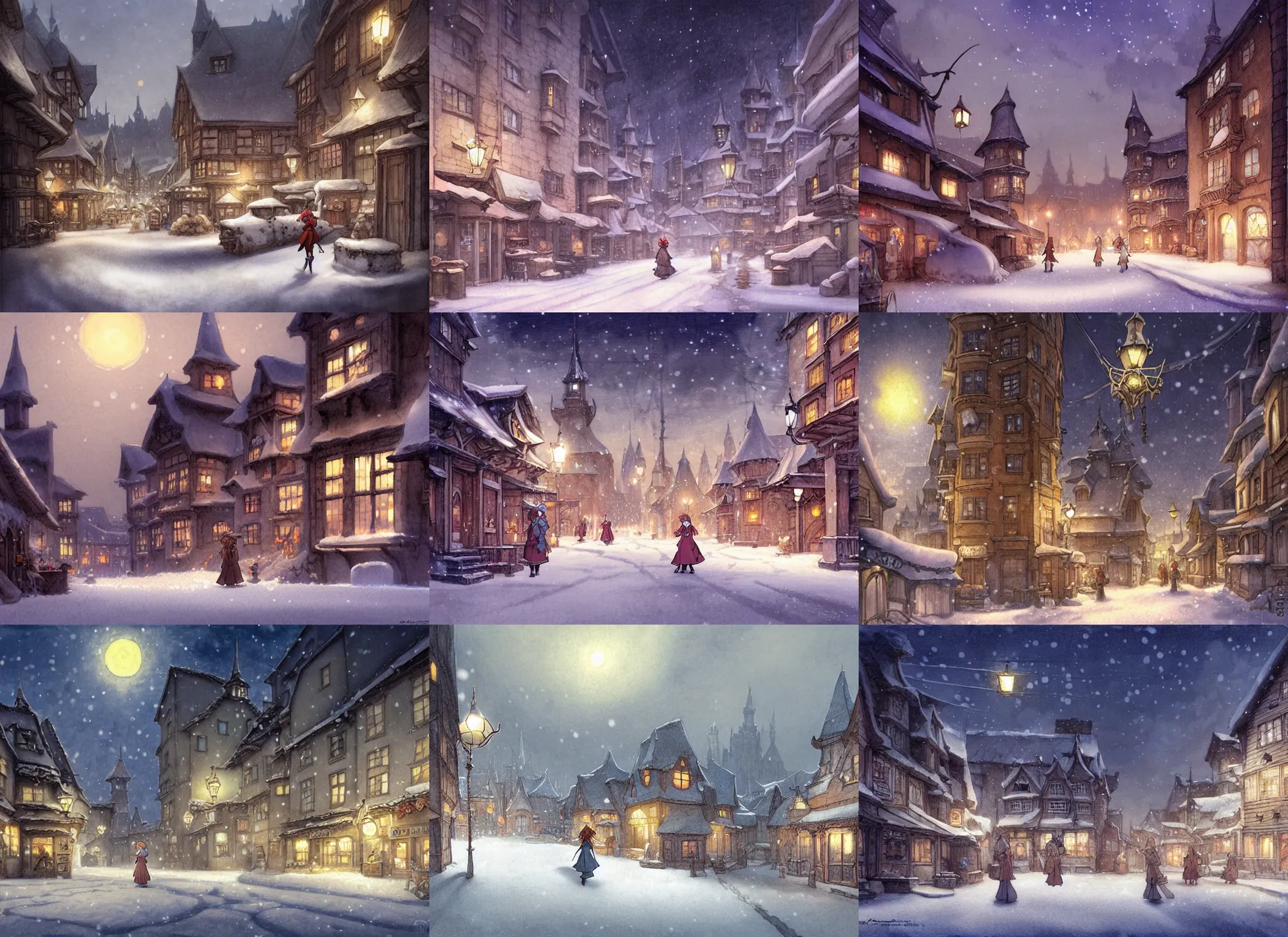 Prompt: a night scene of a snowy town with a pinup asuna from sao near the building, a detailed matte painting by anton pieck, deviantart contest winner, fantasy art, concept art, official art, matte drawing