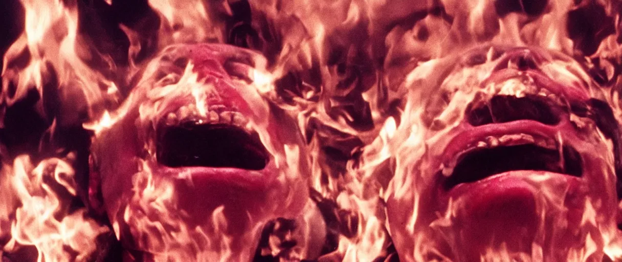 Image similar to filmic extreme closeup dutch angle movie still 4k UHD 35mm film color photograph of a doctors being burned alive, screaming in agony, inside of a science lab , in the style of a 1980s horror film