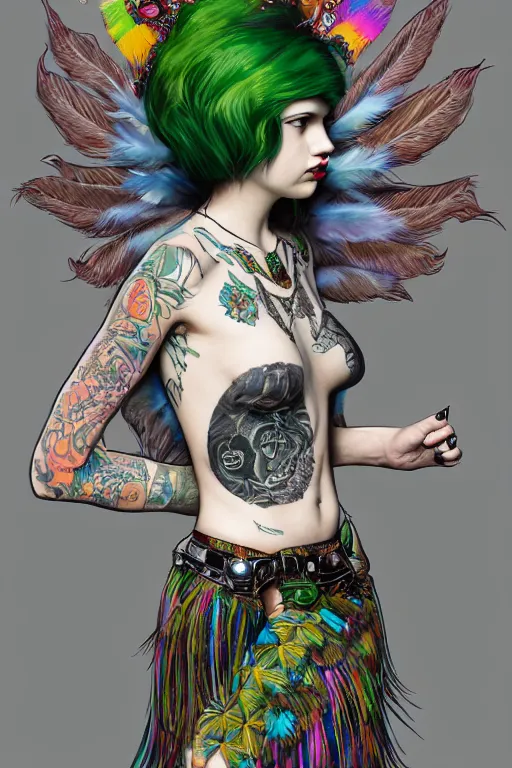 Image similar to portrait of hannah murray as a punk woman with green mohawk, neotraditional tattoos, fishnets, long tartan skirt as phoenix queen, feathers, wings, rainbow clothes,, sci - fi, intricate and very very beautiful and elegant, highly detailed, digital painting, artstation, smooth and sharp focus, illustration, art by tian zi and wlop and alphonse mucha