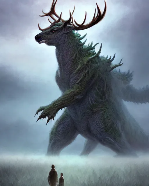 Prompt: concept art of a massive kaiju creature, standing in a field covered in fog looming over a herd of deer | | cute - fine - fine details by stanley artgerm lau, wlop, rossdraws, and sakimichan, trending on artstation, brush strokes