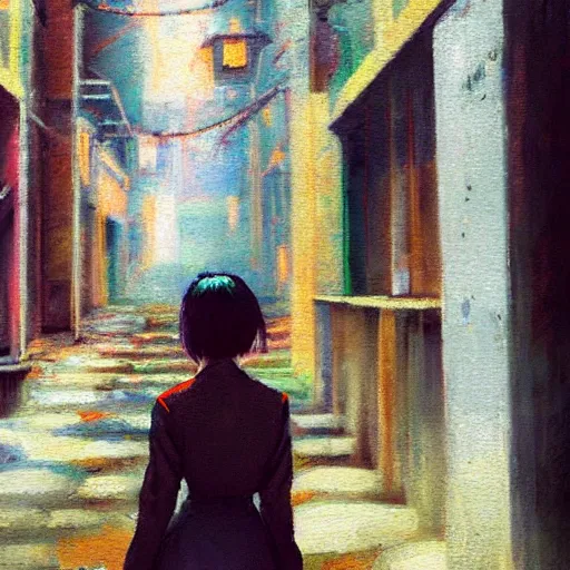 Image similar to a perfect, realistic professional oil painting in impressionism style, of a Japanese schoolgirl posing in a dystopian alleyway, close-up, by a professional American senior artist on ArtStation, a high-quality hollywood-style concept