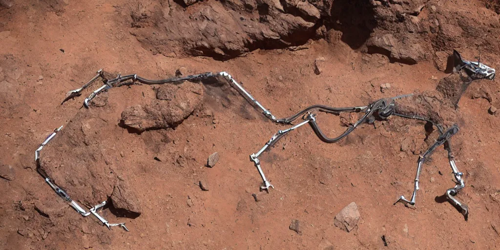 Image similar to giant metal robotic caracal 1 0 0 meters around and 1 million years old discovered after the rain washed away the sand and dirt, in a canyon in the utah desert