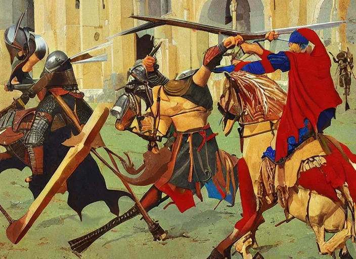 Prompt: dynamic combat scene between a Byzantine medieval warrior and a Turkish medieval warrior, by Angus McBride.