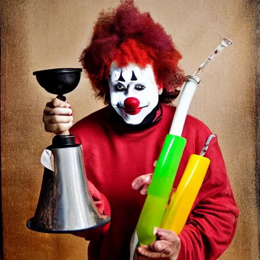 Prompt: studio photo of a clown with a bong, studio portrait