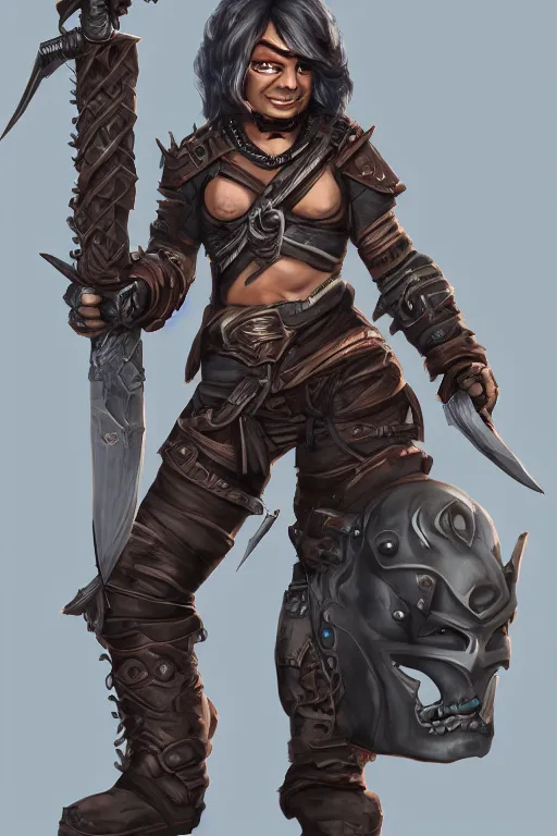 Image similar to full character image of : gender : female, race : orc, job : bounty hunter, weapon : katana, clothes : leather armor, accessories : goggles, body type : strong hair style : wavy, concept art, trending on artstation hd.