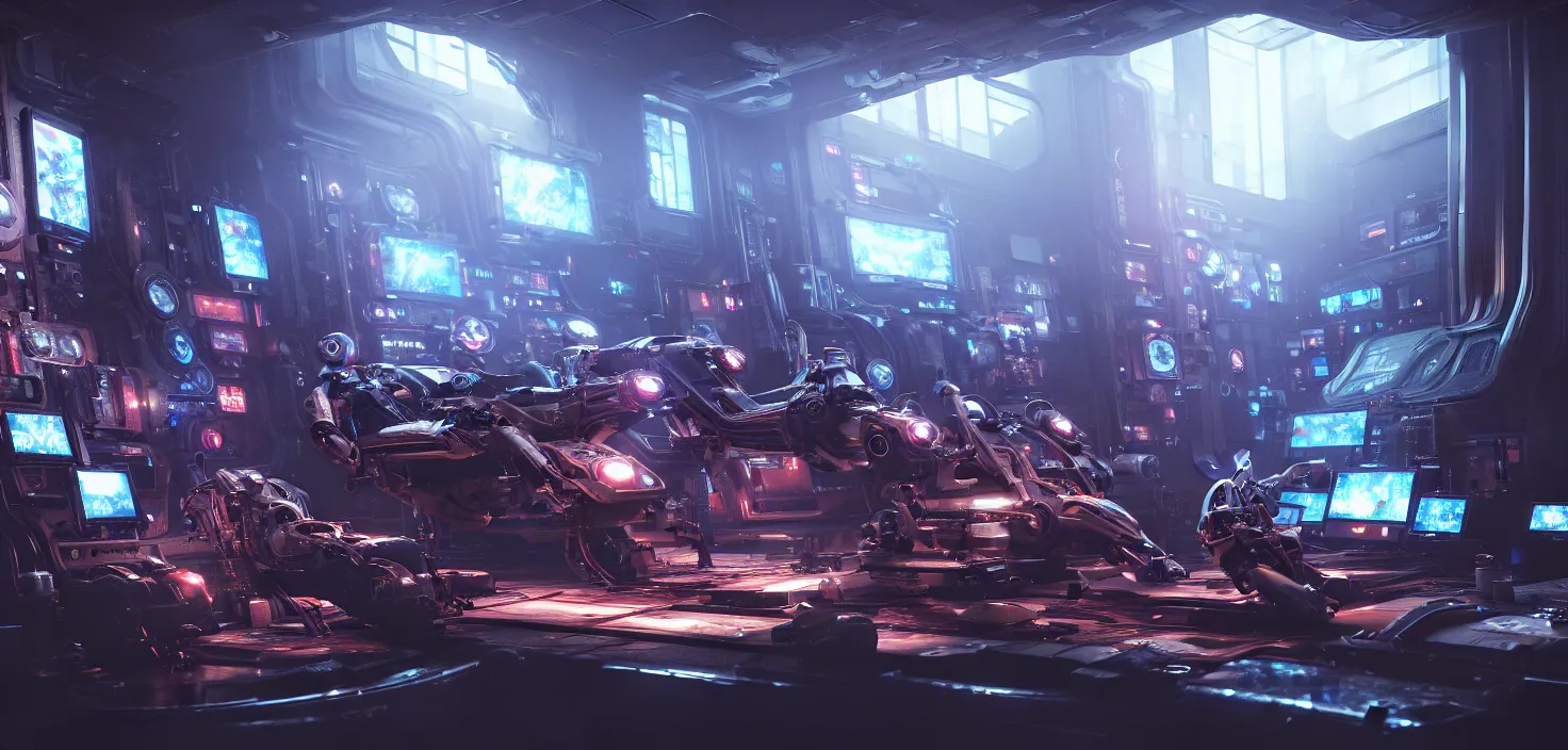 Image similar to a hyper detailed octane render concept art by xision wu, kerem beyit, sandara tang portrait of cyberpunk panel control spaceship room, dim lighting, detailed portraits, unreal engine 5, highly rendered,, digital painting, artstation, concept art, smooth, sharp focus perfect horizontal, symmetry illustration, detailed and intricate environment artstation hq