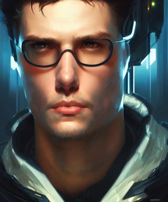 Image similar to Hacker cyberpunk man portrait, highly detailed, digital painting, artstation, concept art, smooth, sharp focus, illustration, art by artgerm and greg rutkowski and alphonse mucha