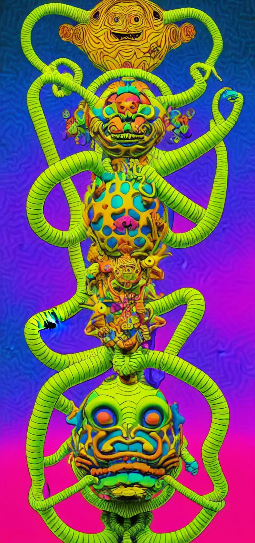 Image similar to dmt creature portraits in the style of kaws, victo ngai, lisa frank, francis goya, basil wolverton, roy litchenstein, mc escher style, dynamic lighting, 8 0 mm photo