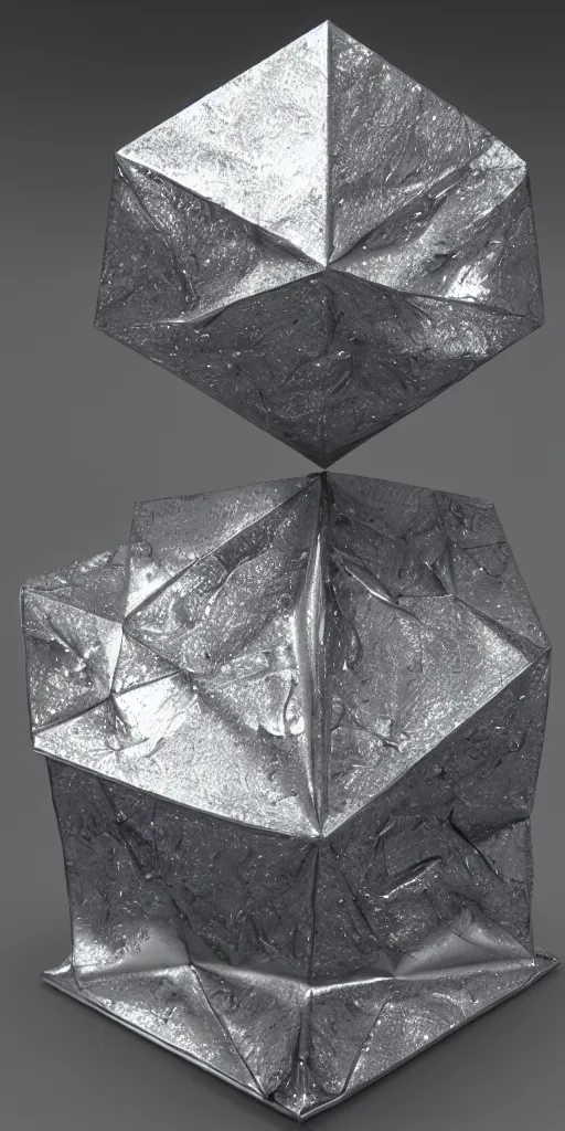 Image similar to a photorealistic render of a metallic platonic solid sculpture, made of liquid metal, c 4 d, by zhelong xu and ernst haeckel, wide angle, hyper realistic, plain background, 8 k, volumetric lightning, octane render