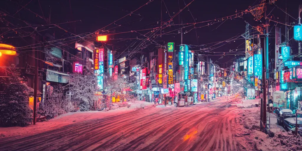 Image similar to a city street at night, snowing, photograph, cyberpunk, sharp focus, intricate detail, drone shot, high resolution, 8k, neon streetlights, wires hanging down everywhere, Japan, colourful, Shrine in centre,