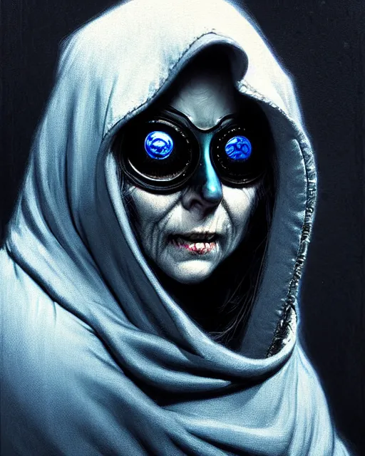 Prompt: ana from overwatch, blue hooded cloak, eyepatch, old woman, character portrait, portrait, close up, concept art, intricate details, highly detailed, horror poster, horror, vintage horror art, realistic, terrifying, in the style of michael whelan, beksinski, and gustave dore