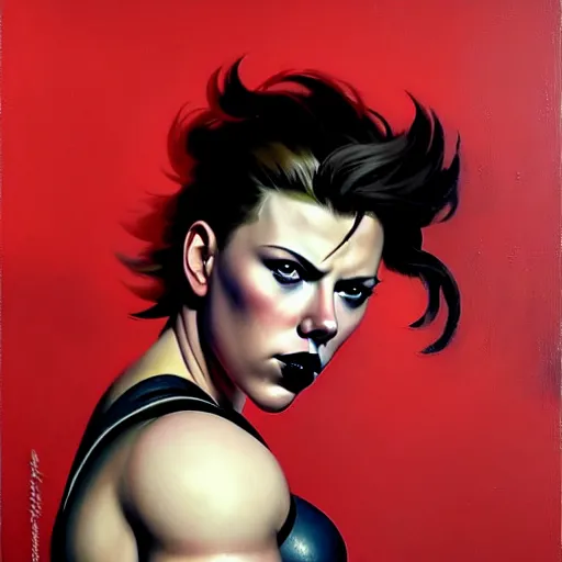 Image similar to greg manchess portrait of scarlett johansson as thick very muscular gothic weightlifter zarya from overwatch with short red hair and black lipstick, fantasy medium shot, asymmetrical, profile picture, organic painting, sunny day, matte painting, bold shapes, hard edges, street art, trending on artstation, by huang guangjian and gil elvgren and sachin teng