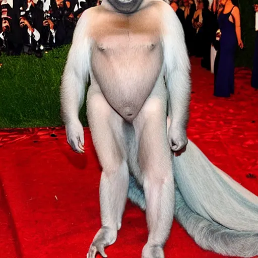 Prompt: harambe the gorilla in a ball gown at the met gala