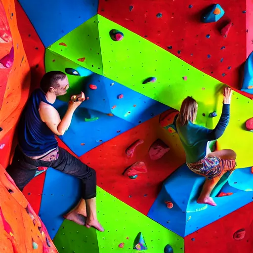 Image similar to looking up at a bouldering wall with brightly colored holds and volumes, holds and vikumes made of human faces, iso, mm, octane,