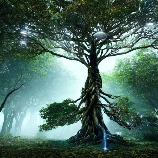 Prompt: the mystical tree of life in the middle of the amazon rainforest, with branches made of electricity and dna, massive, hyper realistic, hyper detailed, octane render, dramatic lighting, 5 0 mm