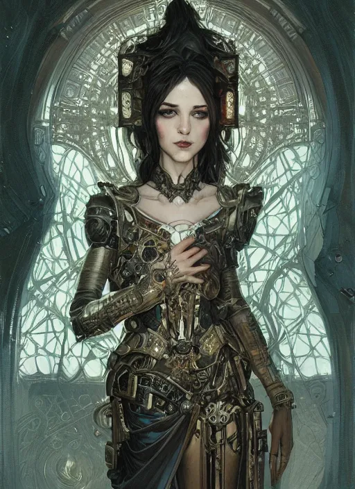 Image similar to portrait of beautiful pale gothic maiden, warhammer 40000, cyberpunk, intricate, elegant, highly detailed, digital painting, artstation, concept art, smooth, sharp focus, illustration, art by artgerm and greg rutkowski and alphonse mucha and Gustav Klimt