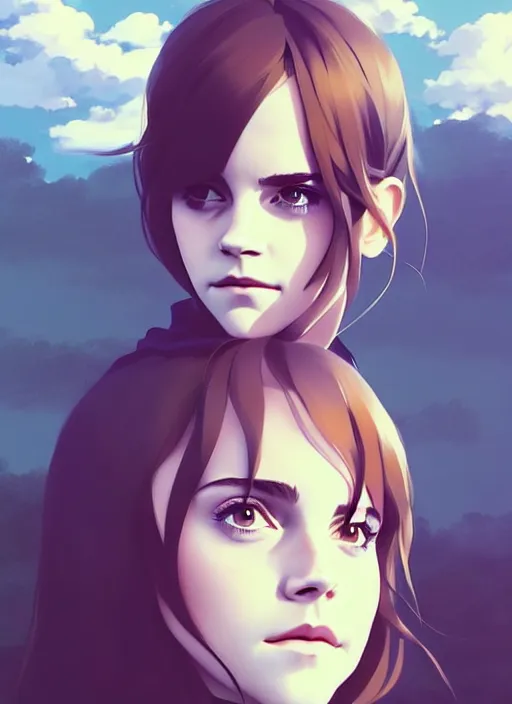 Image similar to portrait of a emma watson by ilya kuvshinov, cloudy sky background lush landscape illustration concept art anime key visual trending pixiv fanbox by wlop and greg rutkowski and makoto shinkai and studio ghibli