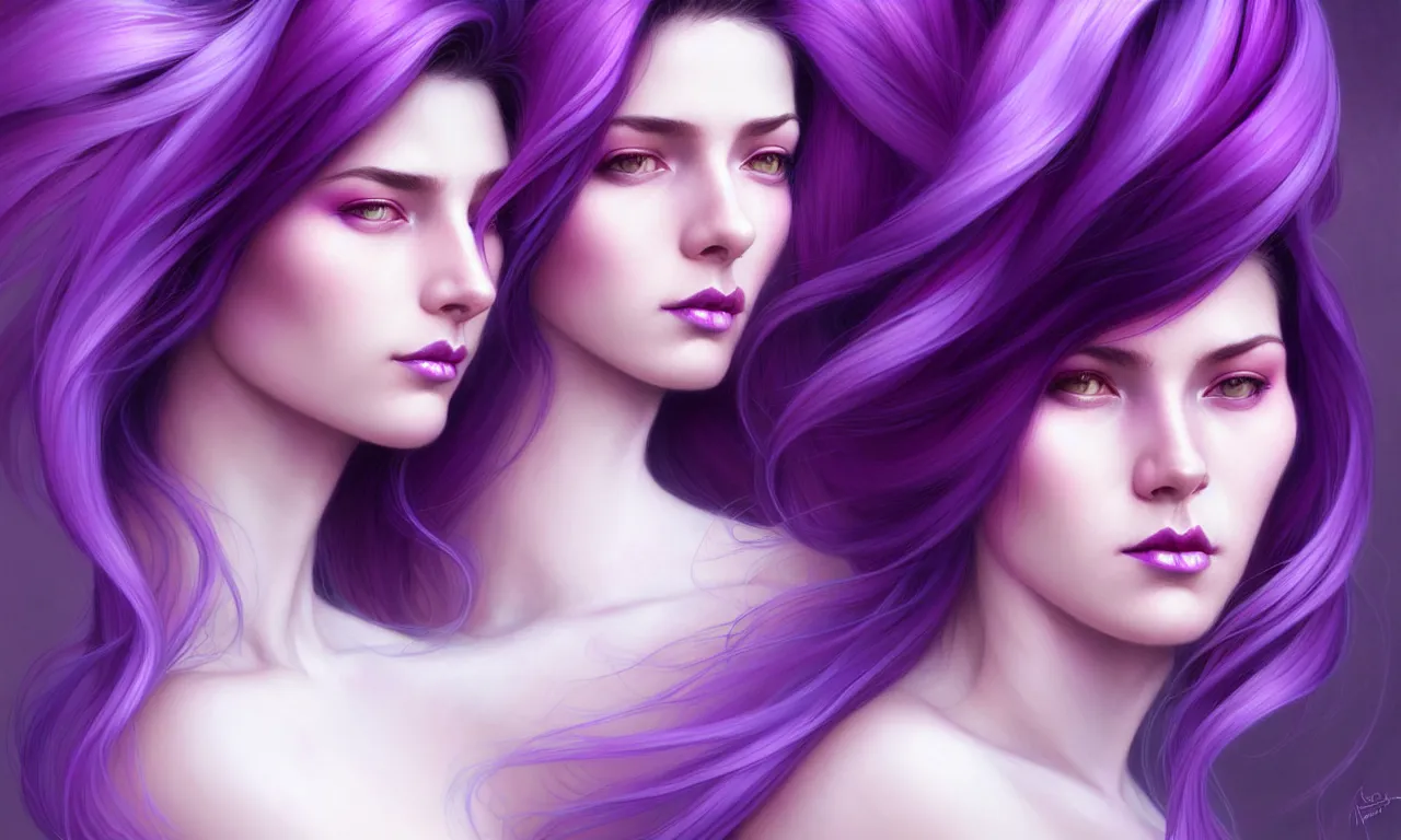 Image similar to Purple hair relistic Portrait of a two woman with bright colored flying hair, all shades of purple. Beauty face, Hair coloring, fantasy, intricate, elegant, highly detailed, digital painting, artstation, concept art, smooth, sharp focus, illustration, art by artgerm and greg rutkowski and alphonse mucha