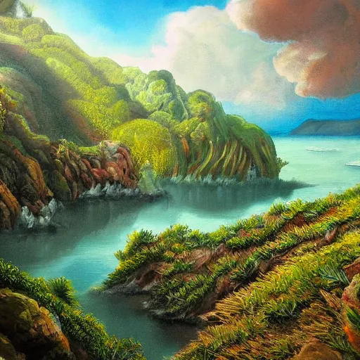 Image similar to detailed painting of a lush natural scene on an alien planet by stephen wong. beautiful landscape. weird vegetation. cliffs and water.