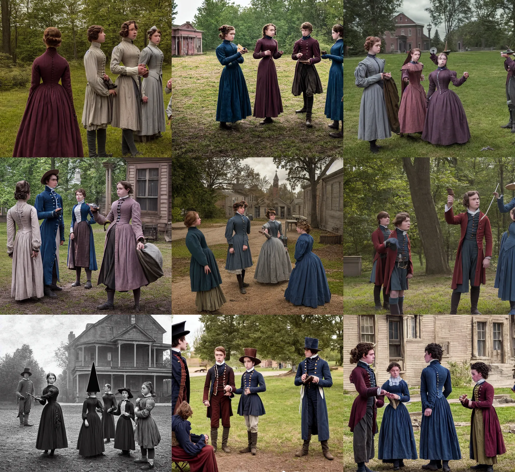 Prompt: sharp lens, highly detailed, film still from a 2 0 1 9 sci fi color movie, set in 1 8 5 0 in an alternate universe, mid distant shot of three students practicing magic, outside the school of magic, 1 8 5 0 s era clothing, atmospheric lighting, in focus, real faces, 3 5 mm macro lens, live action, good photography