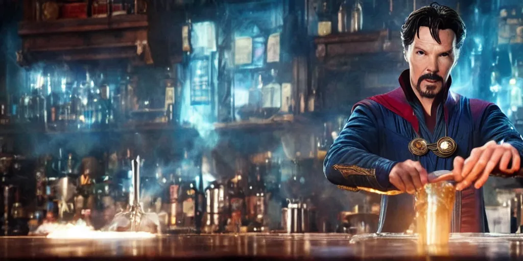 Image similar to film still of Doctor Strange working as a bartender in the new Avengers movie, 4k