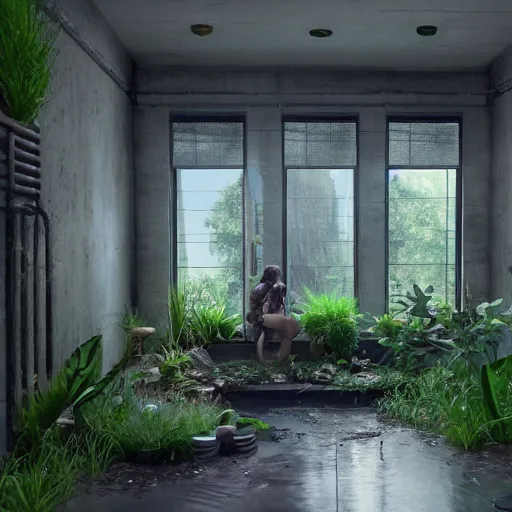 Image similar to a bathroom with a lot of plants inside of it, cyberpunk art by Gregory Crewdson, unsplash, ecological art, reimagined by industrial light and magic, rendered in unreal engine, diorama