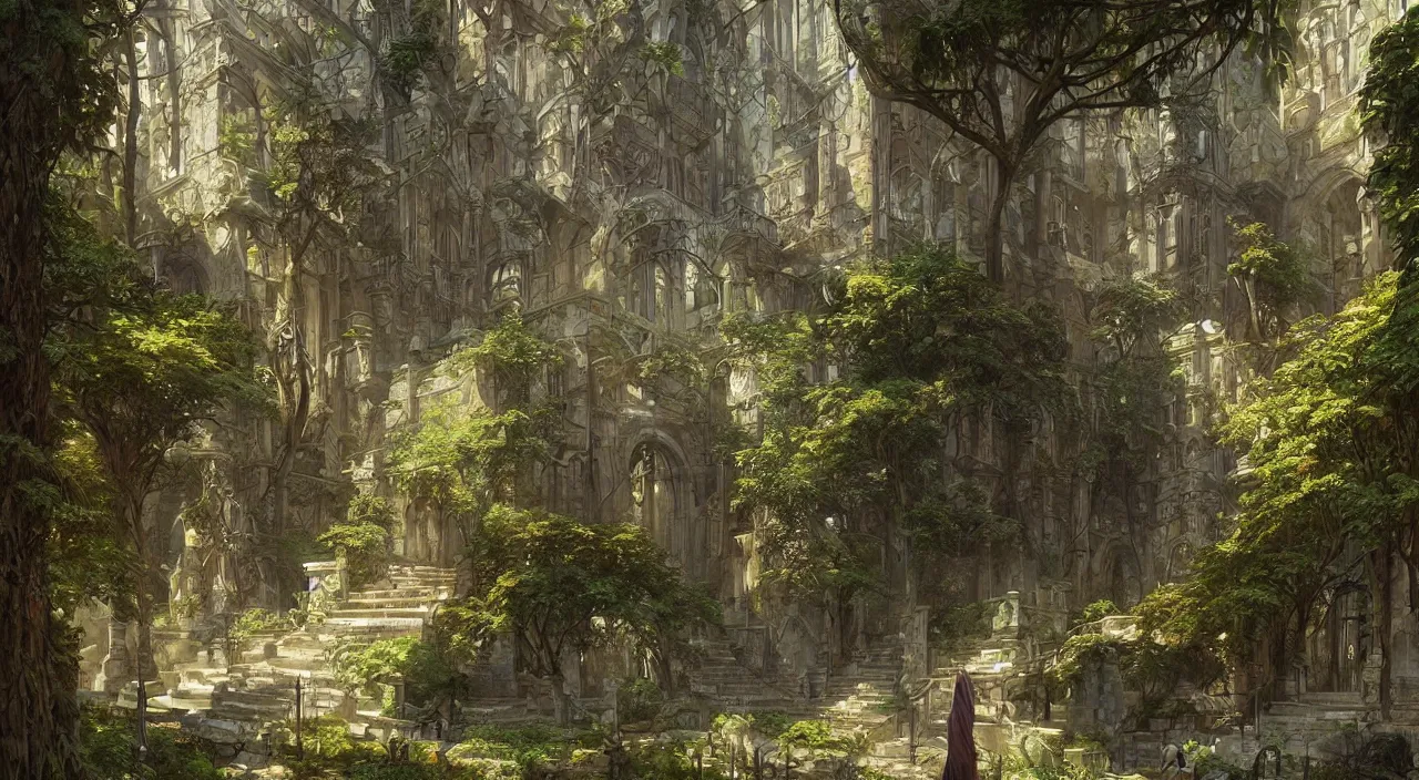 Prompt: “ a courtyard in a beautiful elven city made of stone and tree roots, rich moss and vegetation, a fantasy digital painting, artstation, concept art, sharp focus, illustration, art by greg rutkowski and alphonse mucha ”