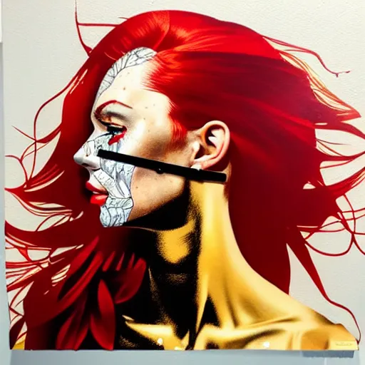 Prompt: portrait of red head woman :: side profile :: in ocean :: guns and bullets :: metallic details :: gold and petals pattern :: blood and horror :: by marvel and Sandra Chevrier