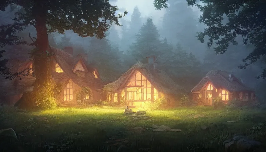 Image similar to A highly detailed matte painting of cottage in a dark forest, by Studio Ghibli, Makoto Shinkai, by Artgerm, by beeple, by Greg Rutkowski, volumetric lighting, octane render, 4K resolution, trending on artstation, masterpiece