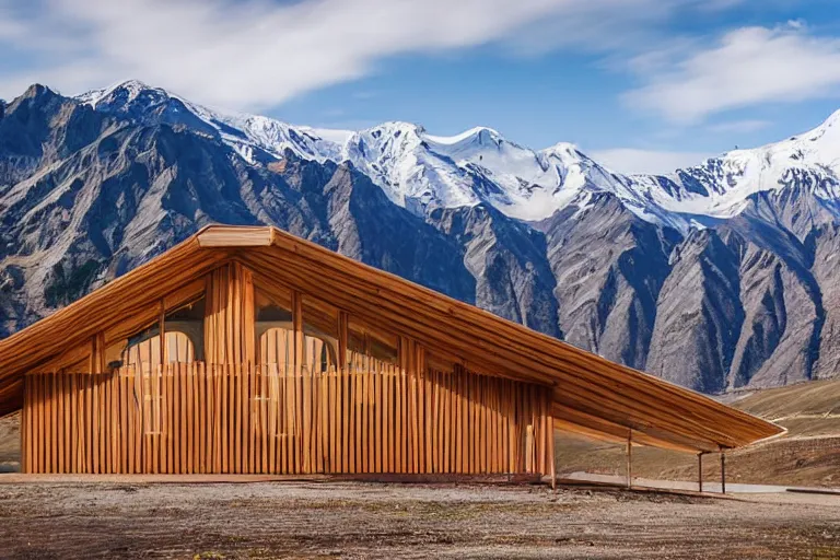 Image similar to architecture photo modern fachwerk wooden school with Elbrus mountain on the background, architecture, photorealism 8k , shining and happy atmosphere, uplight, high details