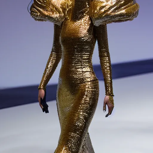 Prompt: hybrid model astronaut walking down a catwalk, elaborate dress by alexander mcqueen, stage lighting, sigma 8 5 mm f 1 6, art by studio clamp, real