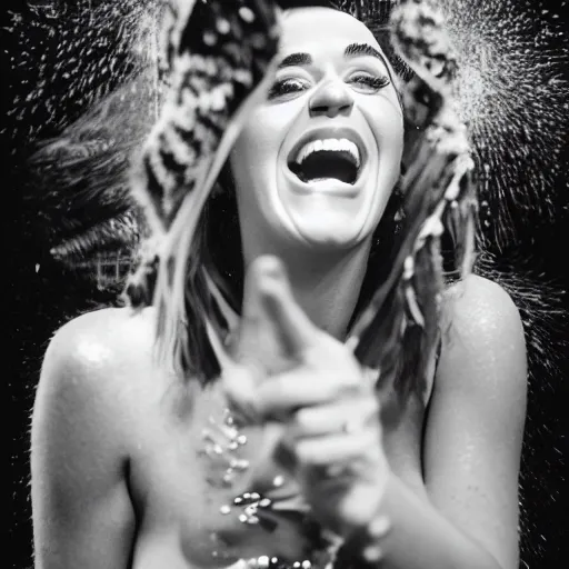 Image similar to 3 5 mm portrait of katy perry laughing in your face, a raging lightning storm in the sky.