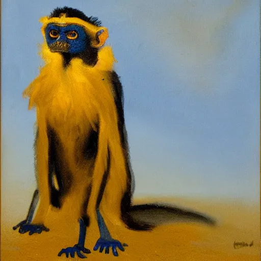 Prompt: long - eared monkey - crow creature wearing a raincoat, tonalist painting, ultramarine blue and yellow ochre, dramatic lighting