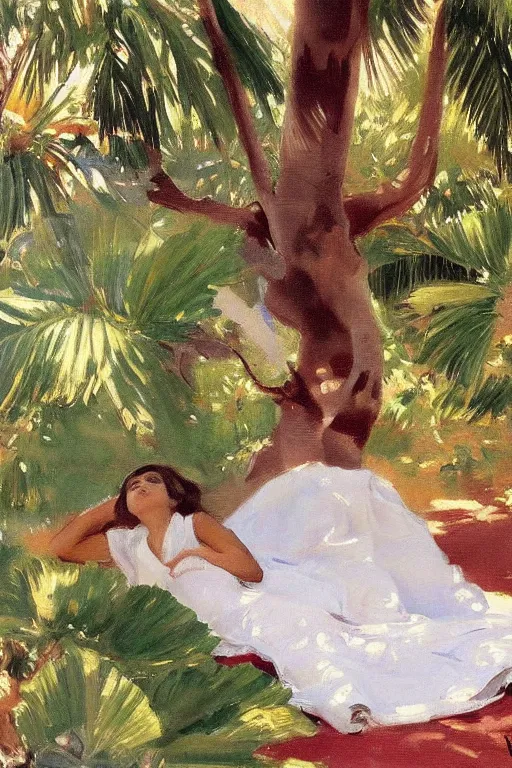 Image similar to girl with detailedly skirt lay down on a detailed persian carpet, tree palms in background, painting by john singer sargent