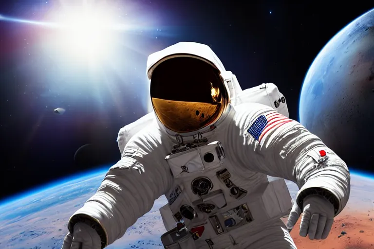 Image similar to astronaut in space wearing a spacesuit floating, mars in background, highly detailed, photorealistic portrait, bright studio setting, studio lighting, crisp quality and light reflections, unreal engine 5 quality render