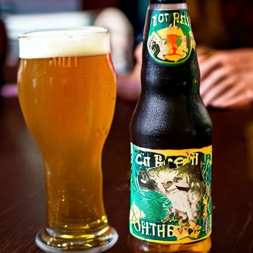 Image similar to photo of cat's demise beer by dogfish head, 1 2 oz bottle with sweat, ( eos 5 ds r, iso 1 0 0, f / 8, 1 / 1 2 5, 8 4 mm, postprocessed, 4 k )