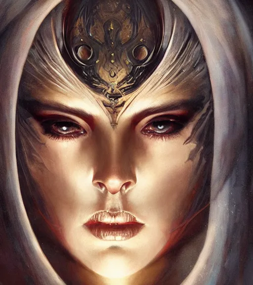 Image similar to portrait of a dark Jedi by karol bak, WLOP, James Jean, tom bagshaw, rococo, trending on artstation, fantasy magic fashion girl portrait, glossy eyes, face, fantasy, intricate, elegant, highly detailed, digital painting, concept art, smooth, sharp focus, illustration, cinematic lighting, hyper realism, octane render, 8k, hyper detailed.