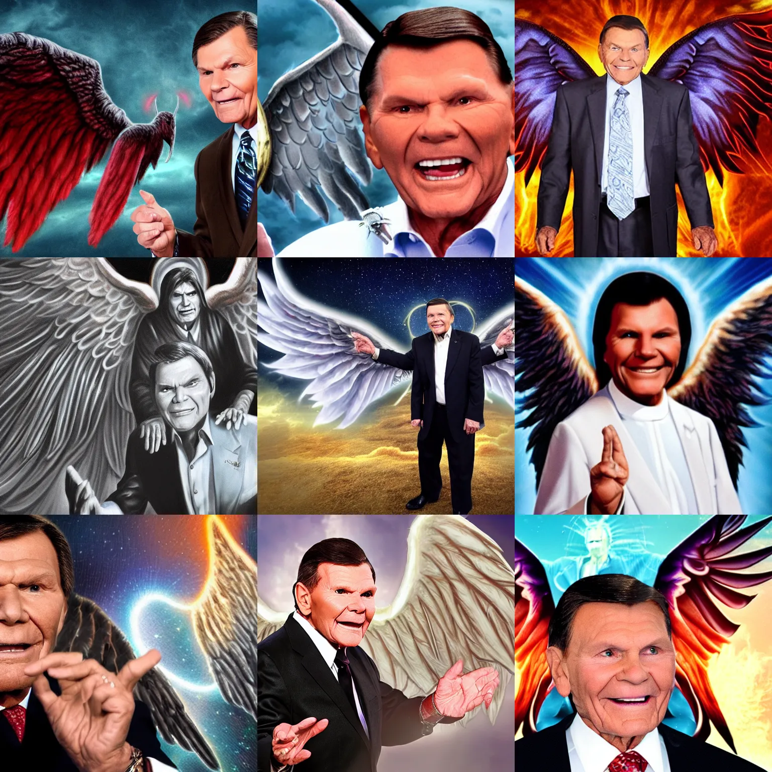 Prompt: high quality photo of christian televangelist kenneth copeland as demonic lucifer with angel wings, hellfire background
