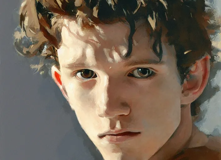 Image similar to a highly detailed beautiful portrait of tom holland, by gregory manchess, james gurney, james jean