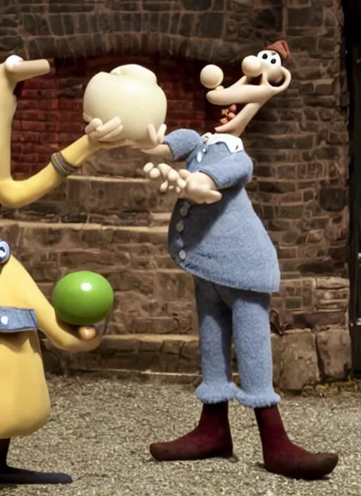 Prompt: Wallace discovers that Gromit is made of cheese