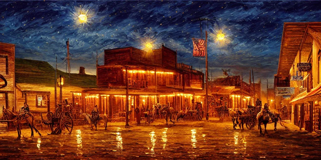 Image similar to oil painting of wild west small town, western, old west, nighttime, high production value, intricate details, high resolution, hyperrealistic, hdr, high definition, masterpiece, ultra realistic, highly detailed, hd, sharp focus, non blurry, sharp, smooth