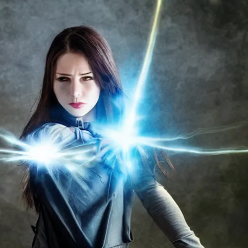 Prompt: a female fantasy wizard shooting a beam of energy at an object off screen, eyes serious cool look,