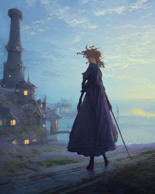 Image similar to over the shoulder landscape painting of violet evergarden, behind her is a distant old european city lights next to the reflecting ocean, nighttime, by Philipp A. Urlich and Pengzhen Zhang and Andreas Rocha, fantasy, intricate, elegant, highly detailed, digital painting, artstation, blender, unreal engine 5, octane render, smooth, sharp focus, illustration