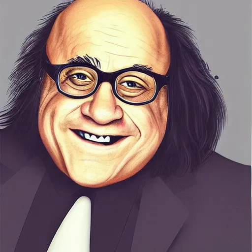 Prompt: danny devito with long flowing hair and long bangs by nick silva, trending on artstation, instagram, 4k