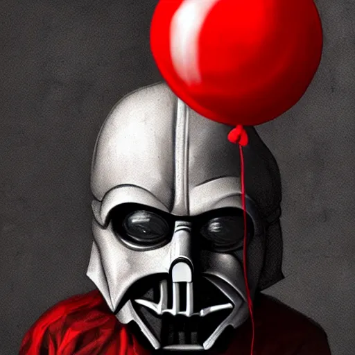 Image similar to surrealism grunge cartoon portrait sketch of darth vader with a wide smile and a red balloon by - michael karcz, loony toons style, freddy krueger style, horror theme, detailed, elegant, intricate