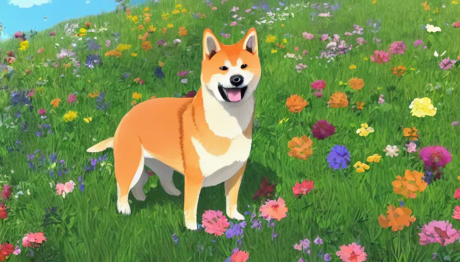 Image similar to a shiba inu standing on a field of flowers, studio ghibli, digital art, illustration, detailed, front page of artstation, sharp focus