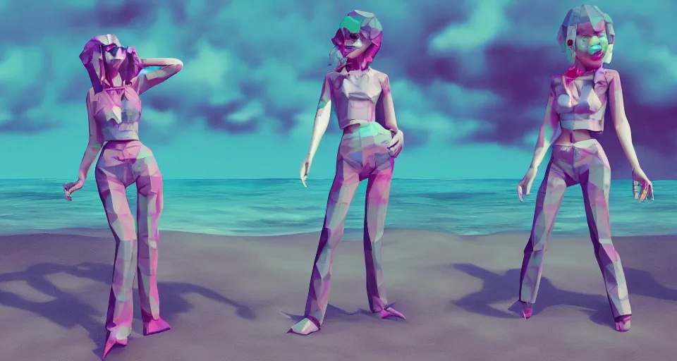 Image similar to fullbody vaporwave art of a fashionable zombie girl at a beach, early 90s cg, 3d render, 80s outrun, low poly, by carpenter brut