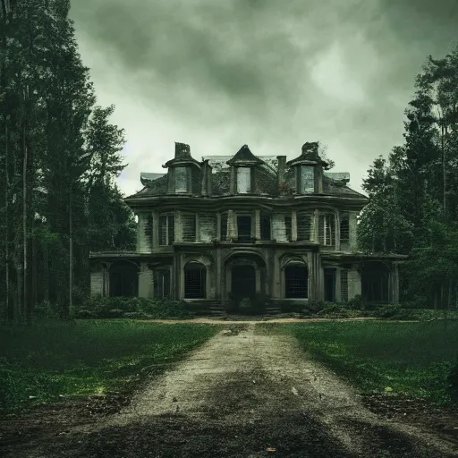 Image similar to abandoned luxury house, cinematic, filmic, photography, vignette, dark, 4 k, 8 k, ultra - hd, moody lighting, in the woods